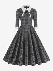 Plaid Collar Bow Tie 3/4 Sleeve Midi A-Line Dress