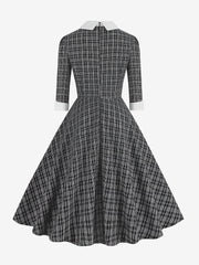 Plaid Collar Bow Tie 3/4 Sleeve Midi A-Line Dress