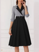 Vintage 3/4 Puff Sleeves Collared Gingham Patchwork Belted A-Line Midi Dress