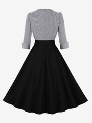 Vintage 3/4 Puff Sleeves Collared Gingham Patchwork Belted A-Line Midi Dress