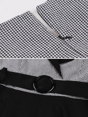 Vintage 3/4 Puff Sleeves Collared Gingham Patchwork Belted A-Line Midi Dress
