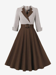 Vintage 3/4 Puff Sleeves Collared Gingham Patchwork Belted A-Line Midi Dress