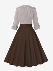 Vintage 3/4 Puff Sleeves Collared Gingham Patchwork Belted A-Line Midi Dress