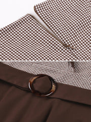 Vintage 3/4 Puff Sleeves Collared Gingham Patchwork Belted A-Line Midi Dress