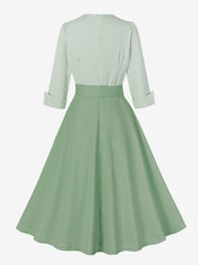 Vintage 3/4 Puff Sleeves Collared Gingham Patchwork Belted A-Line Midi Dress