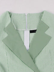 Vintage 3/4 Puff Sleeves Collared Gingham Patchwork Belted A-Line Midi Dress