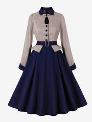 Contrast Color Keyhole Houndstooth Long Sleeve Retro Swing Dress