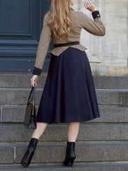 Contrast Color Keyhole Houndstooth Long Sleeve Retro Swing Dress