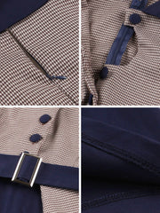Contrast Color Keyhole Houndstooth Long Sleeve Retro Swing Dress