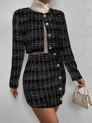 2 Pieces Plaid Tweeed Cropped Jacket & Mini Button Decor Skirt Set