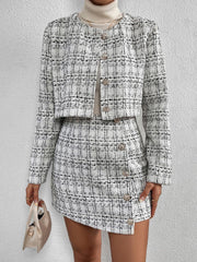 2 Pieces Plaid Tweeed Cropped Jacket & Mini Button Decor Skirt Set