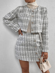 2 Pieces Plaid Tweeed Cropped Jacket & Mini Button Decor Skirt Set