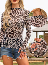 Mesh Leopard Print Mock Neck Sheer Blouse