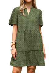 Eyelet Short Sleeve Notch Neck Tiered Vacation Mini Dress