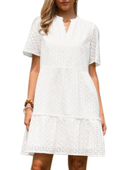 Eyelet Short Sleeve Notch Neck Tiered Vacation Mini Dress