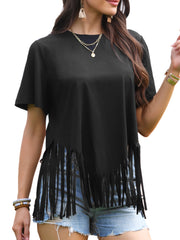 Fringe Short Sleeve Crew Neck Solid Casual Tassel T-Shirts