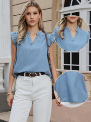 Denim Ruffled Sleeve Notch Neck Casual Jean Blouse