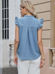 Denim Ruffled Sleeve Notch Neck Casual Jean Blouse