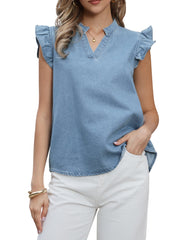 Denim Ruffled Sleeve Notch Neck Casual Jean Blouse