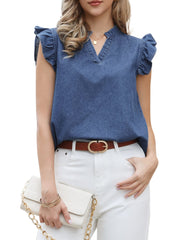 Denim Ruffled Sleeve Notch Neck Casual Jean Blouse