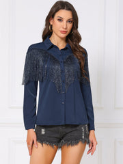 Glitter Fringe Long Sleeve Button Down Disco Party Cowgirl Blouse