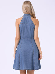 Denim Casual Halter Neck Midi Jean Dress
