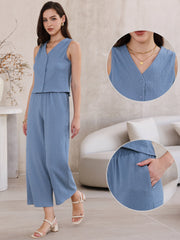 2 Pieces Textured Sleeveless Top & High Waist Pockets Dressy Casual Lounge Pants Suit Set