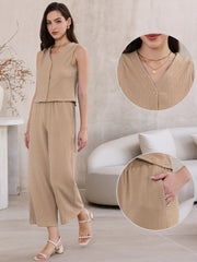2 Pieces Textured Sleeveless Top & High Waist Pockets Dressy Casual Lounge Pants Suit Set