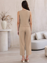 2 Pieces Textured Sleeveless Top & High Waist Pockets Dressy Casual Lounge Pants Suit Set