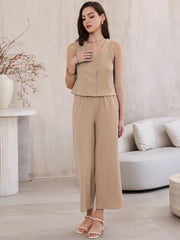2 Pieces Textured Sleeveless Top & High Waist Pockets Dressy Casual Lounge Pants Suit Set