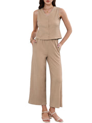 2 Pieces Textured Sleeveless Top & High Waist Pockets Dressy Casual Lounge Pants Suit Set