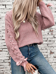 Crew Neck Lace-Up Bow Long Sleeves Sweater
