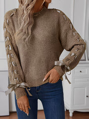 Crew Neck Lace-Up Bow Long Sleeves Sweater