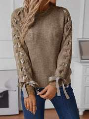 Crew Neck Lace-Up Bow Long Sleeves Sweater