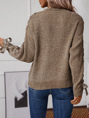 Crew Neck Lace-Up Bow Long Sleeves Sweater