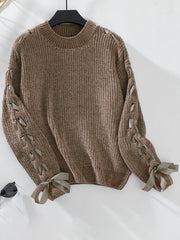 Crew Neck Lace-Up Bow Long Sleeves Sweater