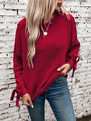 Crew Neck Lace-Up Bow Long Sleeves Sweater