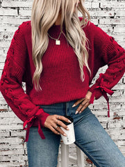 Crew Neck Lace-Up Bow Long Sleeves Sweater