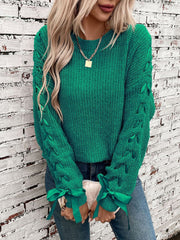 Crew Neck Lace-Up Bow Long Sleeves Sweater