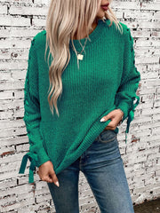 Crew Neck Lace-Up Bow Long Sleeves Sweater