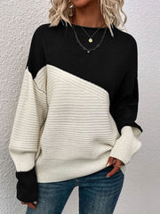 Crew Neck Colorblock Drop Shoulder Long Sleeves Sweater
