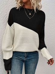 Crew Neck Colorblock Drop Shoulder Long Sleeves Sweater