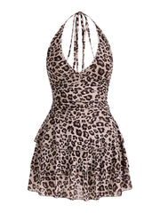 Sleeveless Halter Leopard Mini Tiered Dress