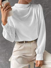 Satin Mock Neck Ruched Puff Sleeves Work Blouse