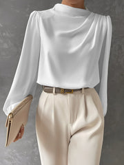 Satin Mock Neck Ruched Puff Sleeves Work Blouse