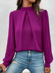 Satin Mock Neck Puff Sleeves Work Blouse