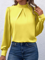 Satin Mock Neck Puff Sleeves Work Blouse