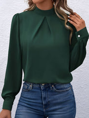 Satin Mock Neck Puff Sleeves Work Blouse
