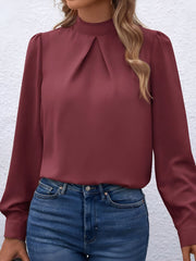 Satin Mock Neck Puff Sleeves Work Blouse