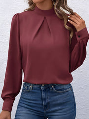 Satin Mock Neck Puff Sleeves Work Blouse